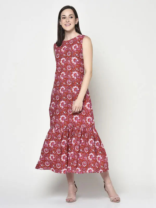 Blockprinted Red sleeveless Maxi Dress | Noor SOW