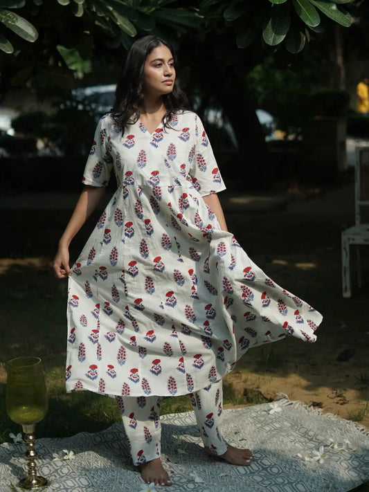 Blockprinted White Anarkali Suit | White SOW