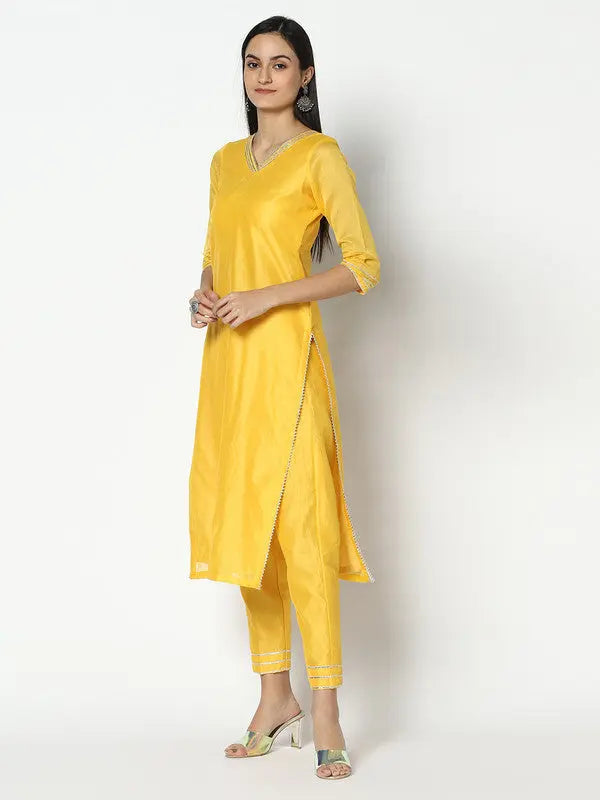Chanderi Silk Kurta Set with Dupatta | Yellow | Aanvi SOW