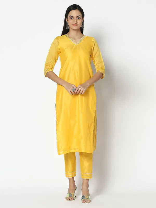 Chanderi Silk Kurta Set with Dupatta | Yellow | Aanvi SOW