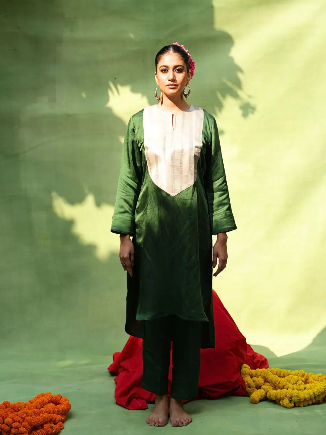Linen Satin Kurta Set | Emerald SOW stories our way