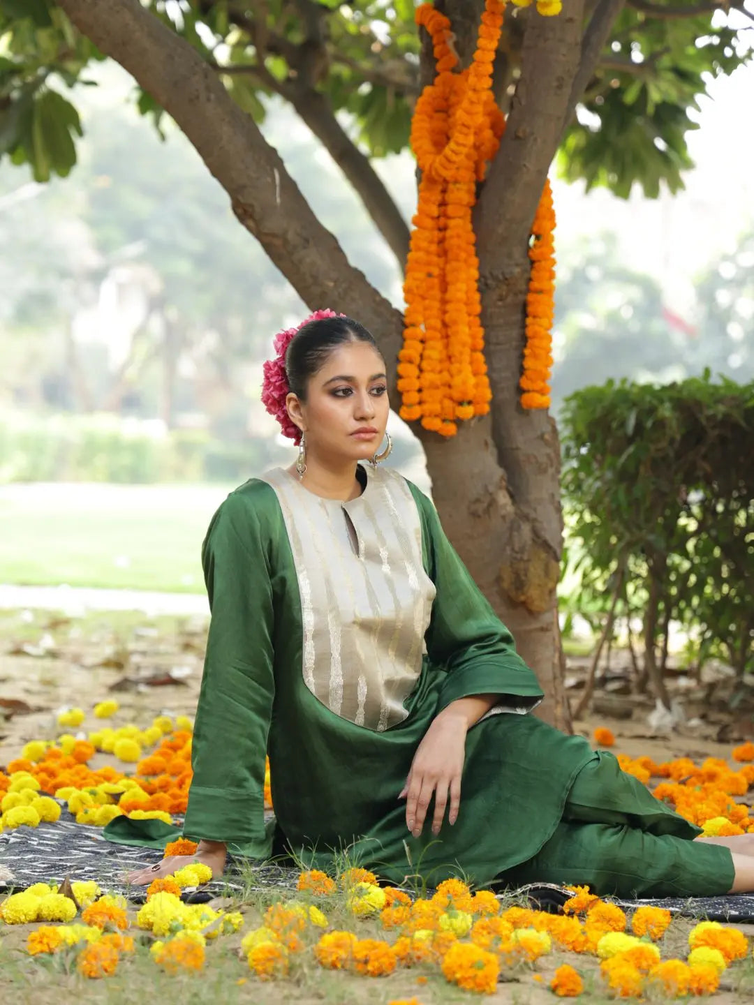 Linen Satin Kurta Set | Emerald SOW stories our way