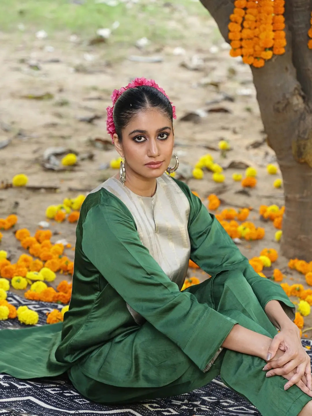 Linen Satin Kurta Set | Emerald SOW stories our way