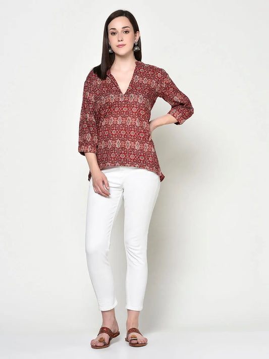 Pure Cotton Block-printed Top | Lace trim | Short sleeves | Ragini SOW