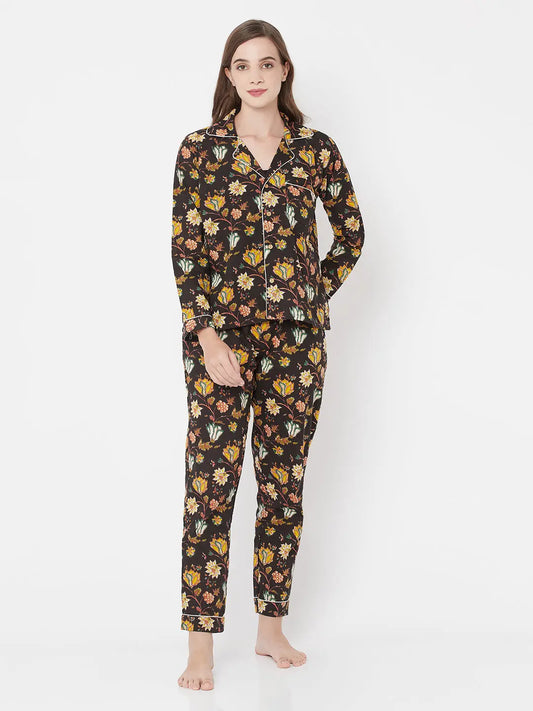 Pure Cotton Nightsuit Set | Black | Handblock | Sardine SOW