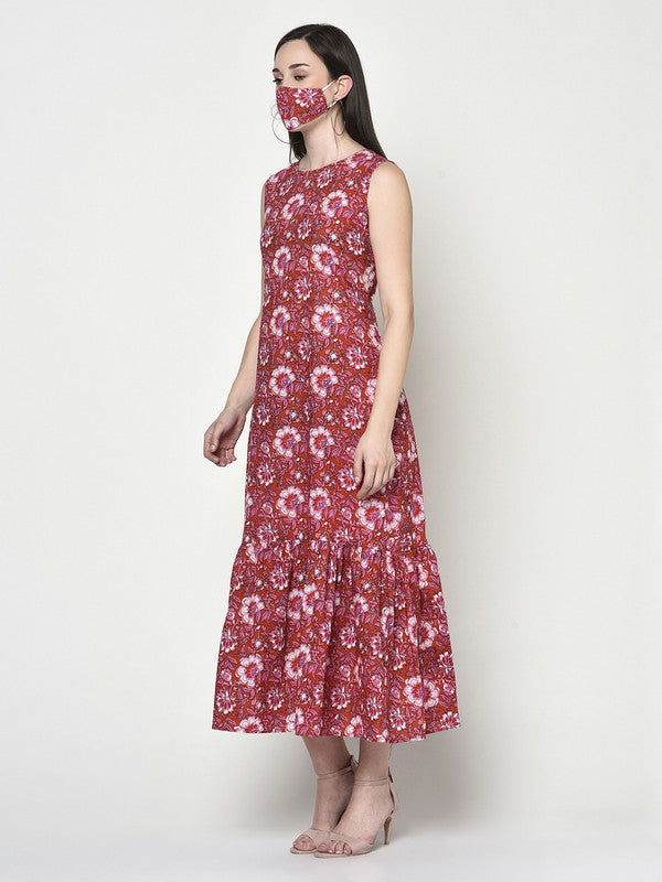 Blockprinted Red sleeveless Maxi Dress | Noor