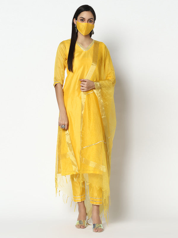 Chanderi Silk Kurta Set with Dupatta | Yellow | Aanvi