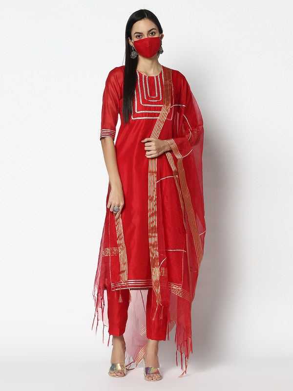Chanderi Silk Kurta Set with Dupatta | Red | Rehiyah