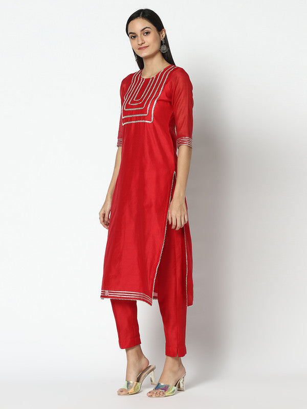 Chanderi Silk Kurta Set with Dupatta | Red | Rehiyah