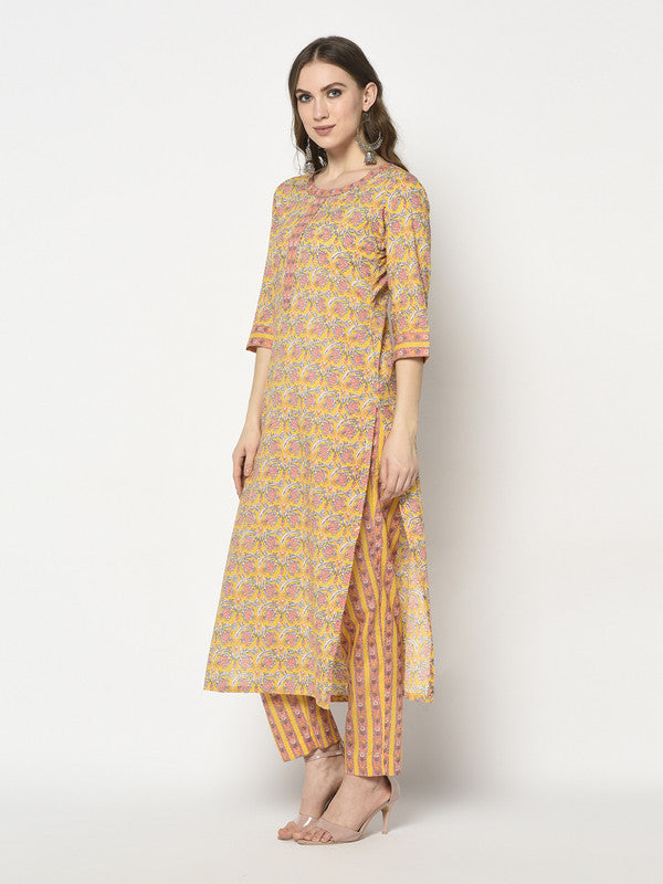 Cotton Blockprinted Kurta and Pant Set | Yellow | Radhika