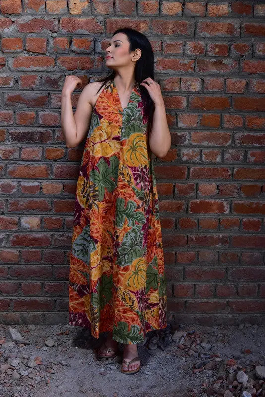 Block printed Halter Maxi Dress | Handblock | Yellow | Farna SOW