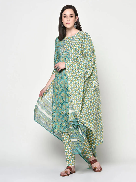 Block printed Pure Cotton Kurta Set| Green | Nysara SOW