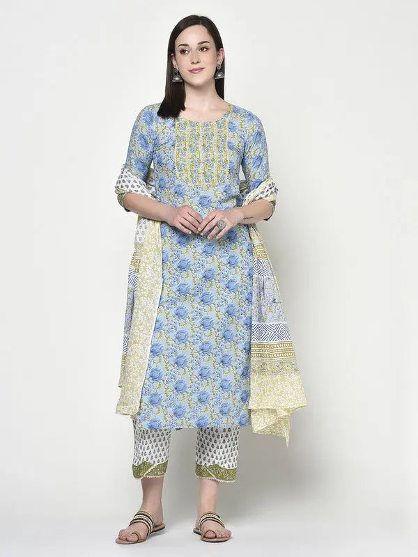 Blockprinted Blue Kurta and Pant set with Dupatta | Shaily SOW