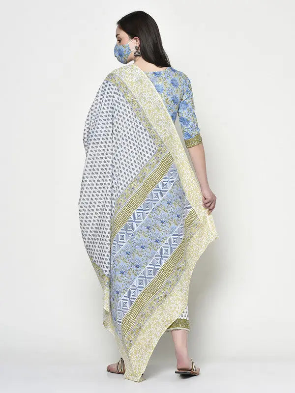 Blockprinted Blue Kurta and Pant set with Dupatta | Shaily SOW