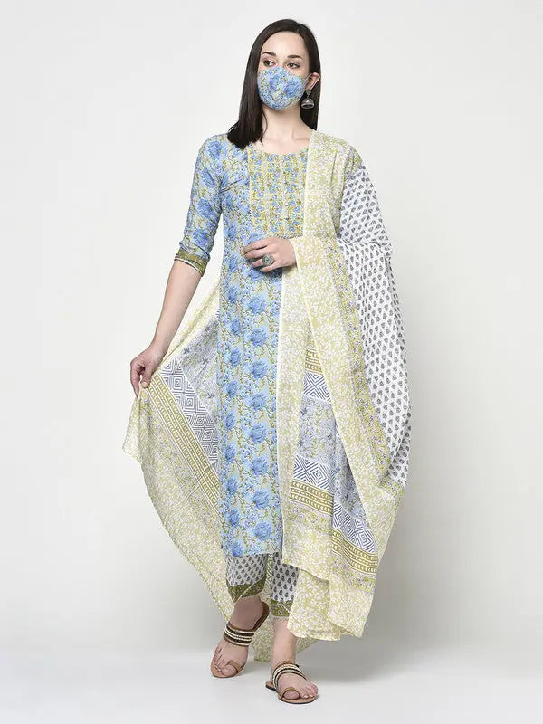 Blockprinted Blue Kurta and Pant set with Dupatta | Shaily SOW