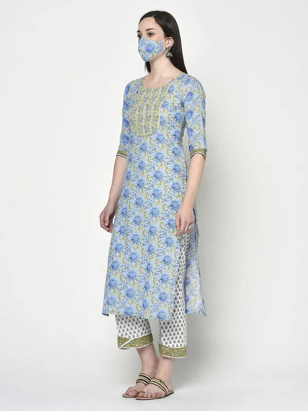 Blockprinted Blue Kurta and Pant set with Dupatta | Shaily SOW