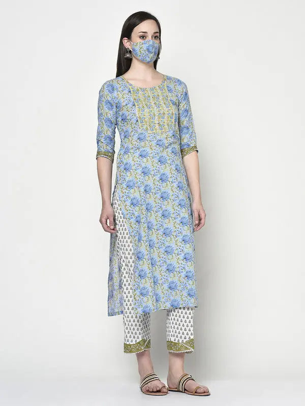 Blockprinted Blue Kurta and Pant set with Dupatta | Shaily SOW