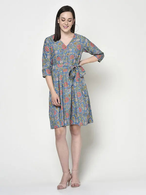 Blockprinted Blue Skater Dress | Blue | Michelle SOW