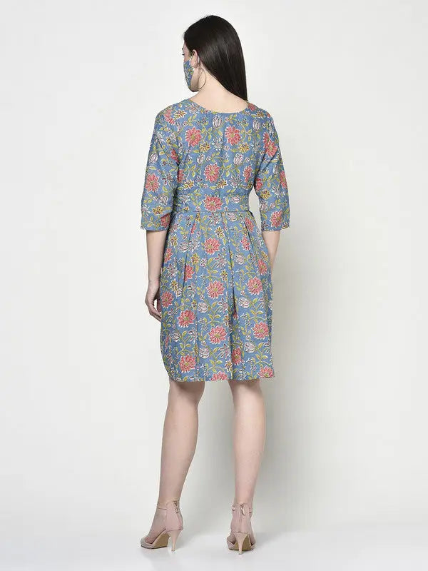 Blockprinted Blue Skater Dress | Blue | Michelle SOW