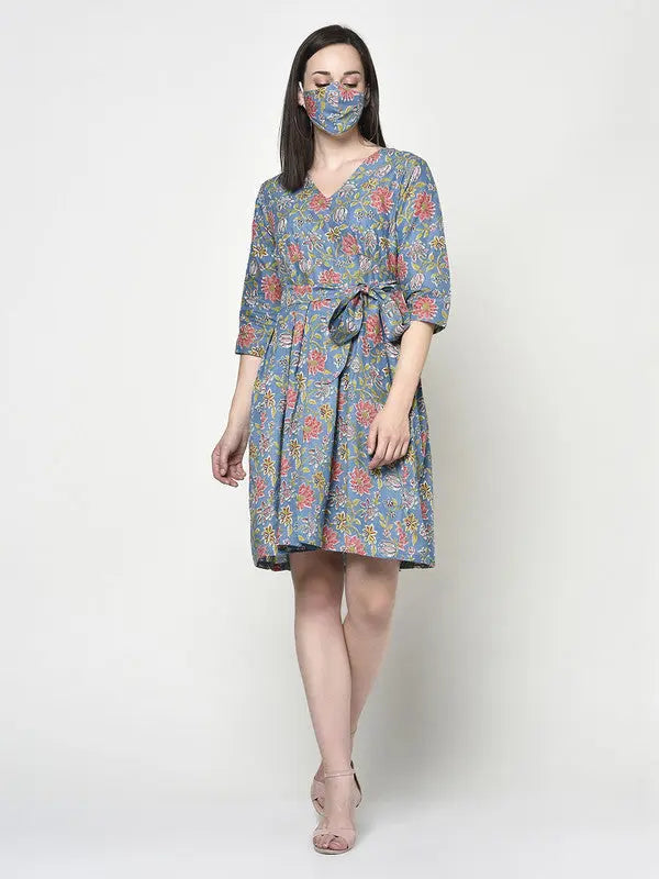 Blockprinted Blue Skater Dress | Blue | Michelle SOW