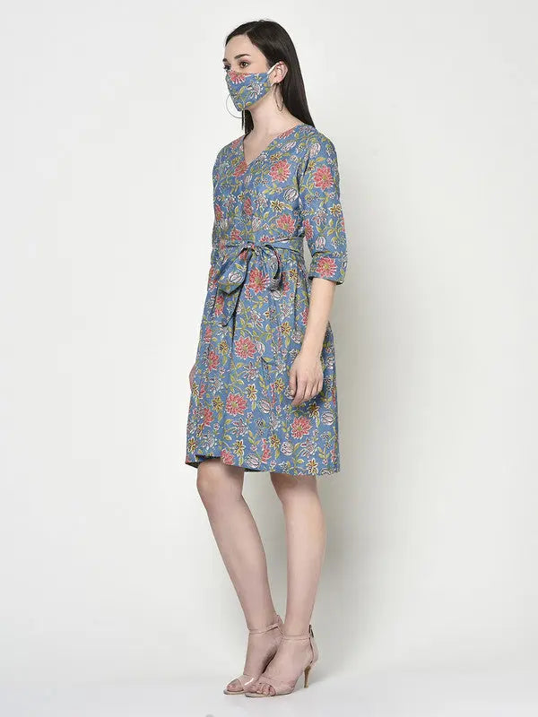 Blockprinted Blue Skater Dress | Blue | Michelle SOW