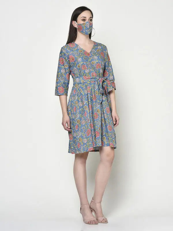 Blockprinted Blue Skater Dress | Blue | Michelle SOW