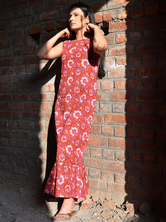 Blockprinted Red sleeveless Maxi Dress | Noor SOW