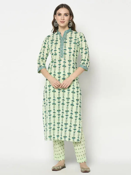 Pure Cotton Kurta and Pant Set | Block-printed | Green | Myirah SOW