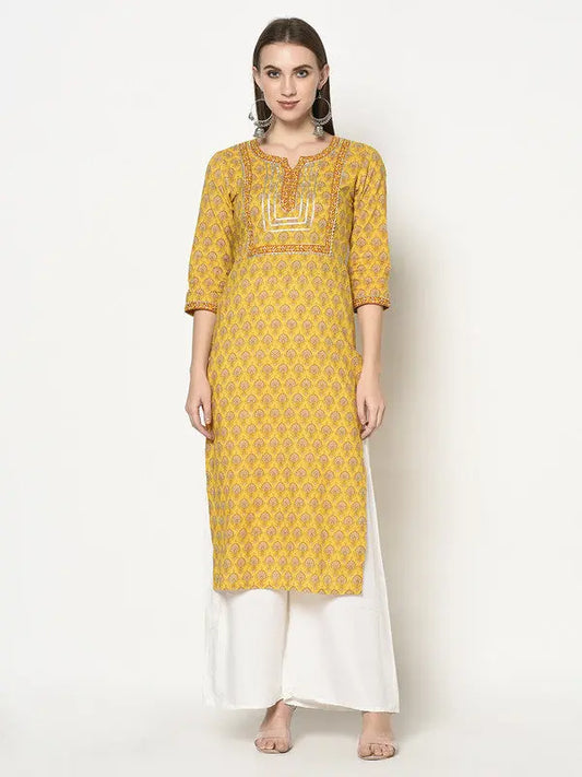 Pure cotton block printed Kurta | Yellow | Short sleeves | Suryanka SOW