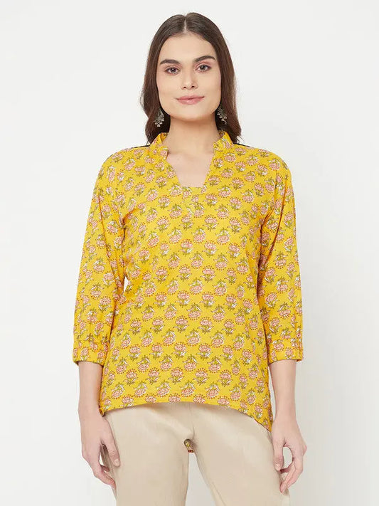 Pure cotton block printed top | Yellow | Short sleeves | Surya SOW