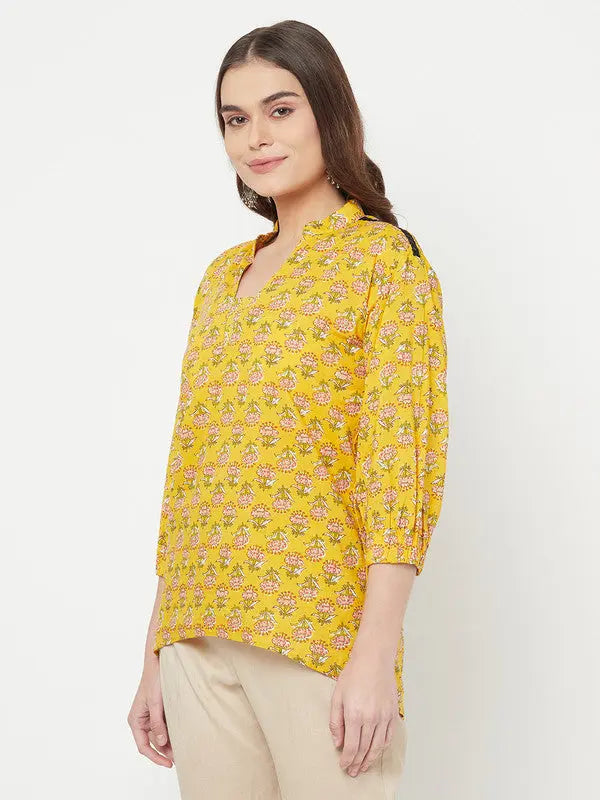 Pure cotton block printed top | Yellow | Short sleeves | Surya SOW