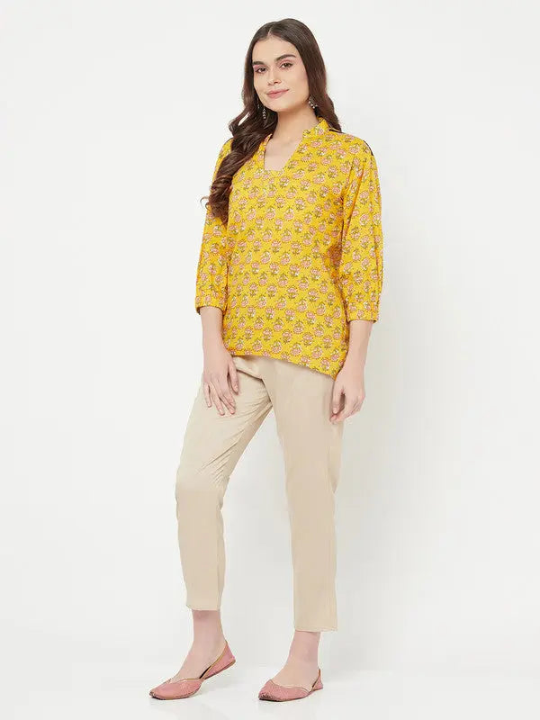 Pure cotton block printed top | Yellow | Short sleeves | Surya SOW