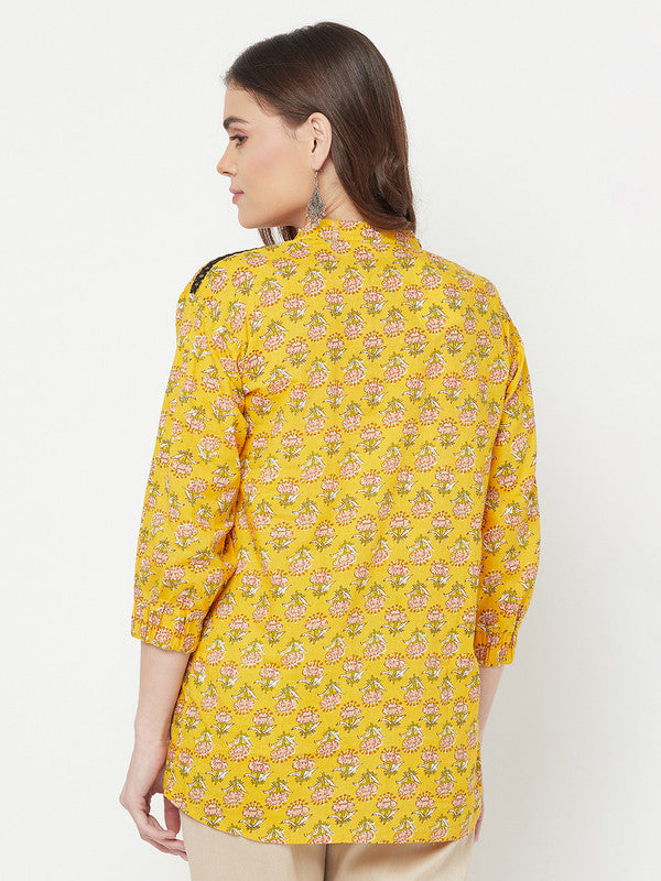Pure cotton block printed top | Yellow | Short sleeves | Surya