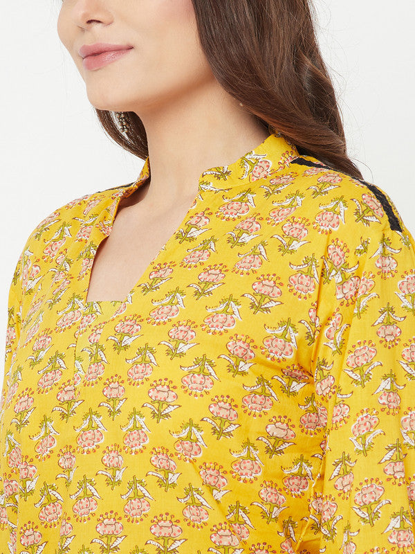 Pure cotton block printed top | Yellow | Short sleeves | Surya