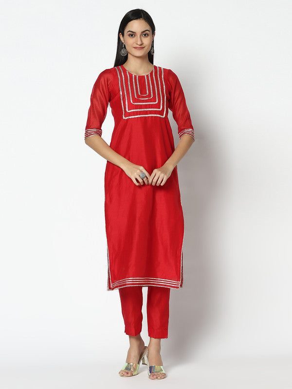 Chanderi Silk Kurta Set with Dupatta | Red | Rehiyah